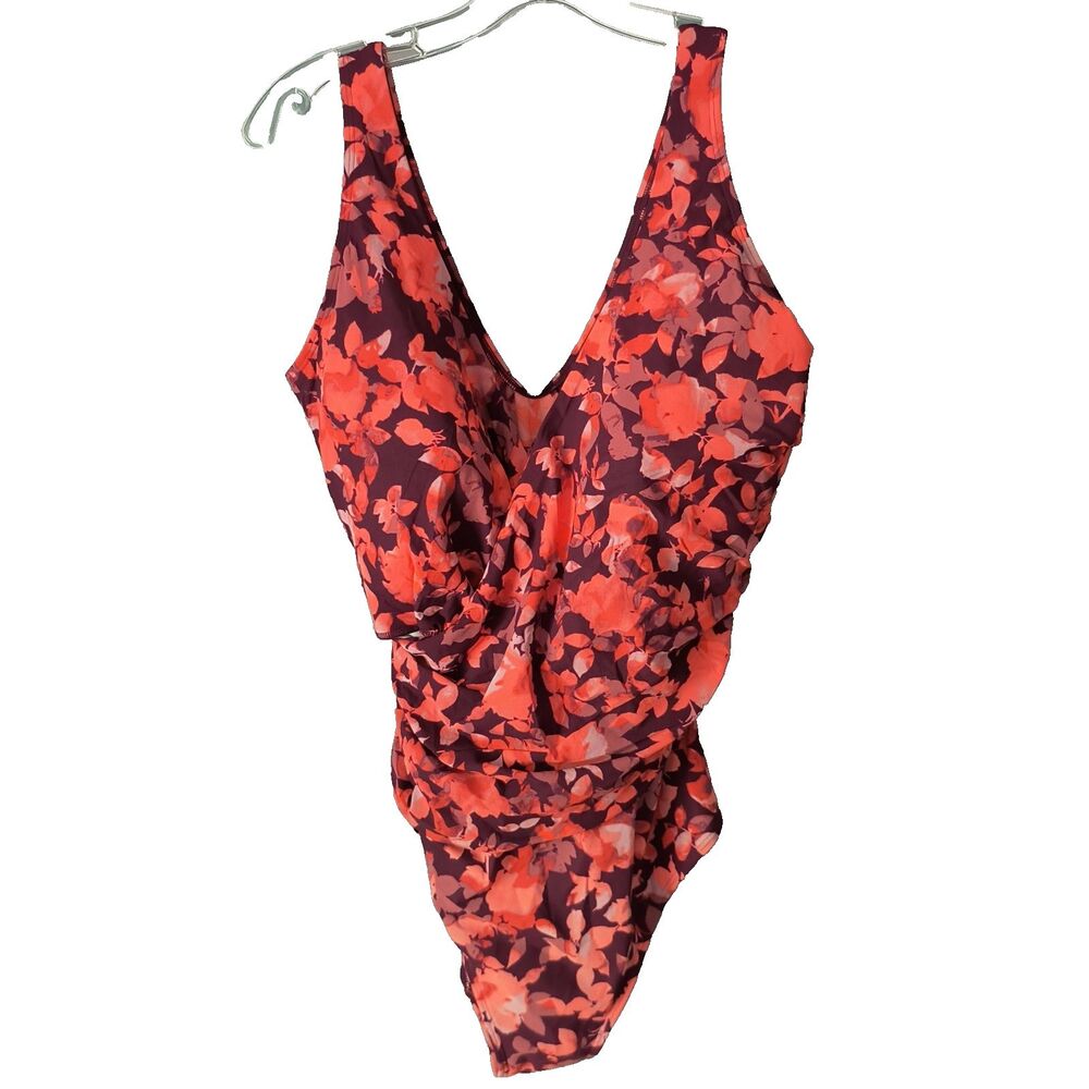 L.L. Bean Swimsuit NEW 18W Royal Plum Floral Shaping Tummy Shelf Bra UPF 50+